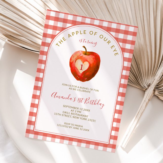 Apple Of Our Eye Fall Red Gingham First Birthday Invitation (Creator Uploaded)