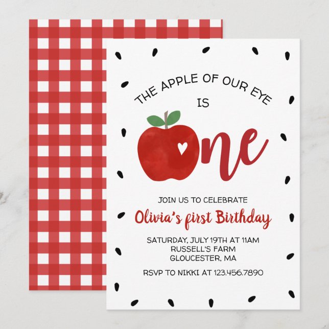 Apple of our Eye first birthday Invitation (Front/Back)