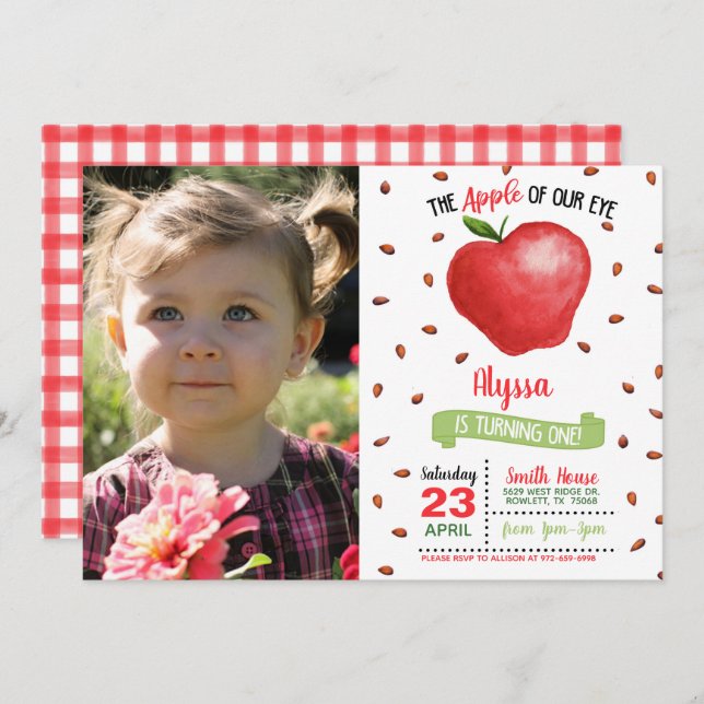 Apple of Our Eye First Birthday Invitation w/Photo (Front/Back)