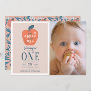 Apple of our Eye Girl Pink Photo 1st Birthday Invitation