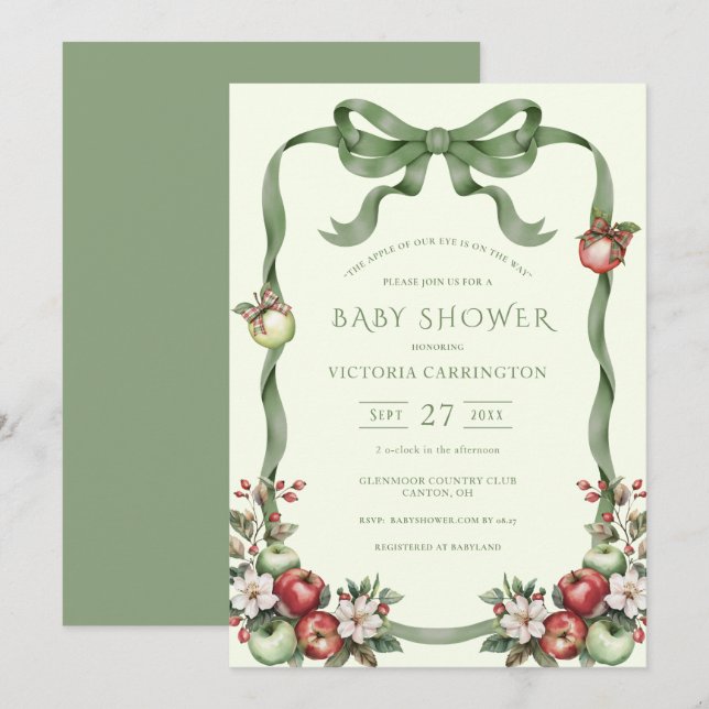Apple of Our Eye Green Watercolor Elegant Baby Invitation (Front/Back)