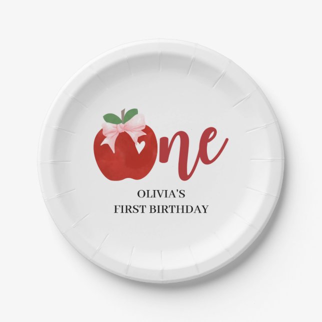 Apple of our eye Pink bow birthday Paper Plate (Front)