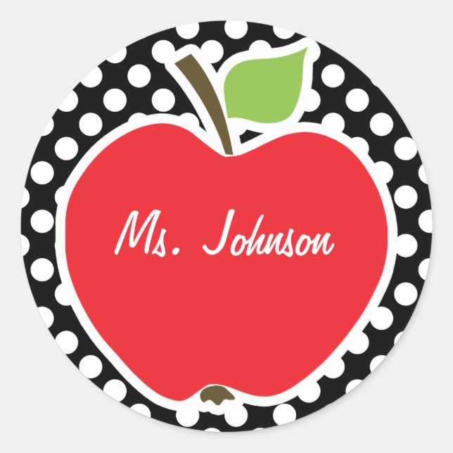 Apple on Black and White Polka Dots Classic Round Sticker (Front)