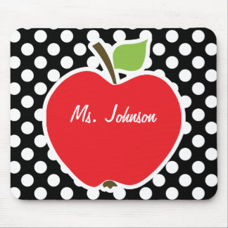 Apple on Black and White Polka Dots Mouse Pad
