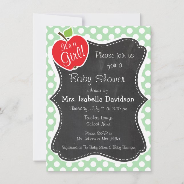 Apple on Celadon Green Polka Dots Invitation (Front)