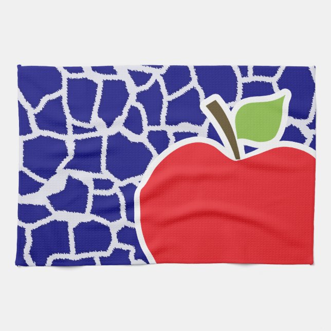 Apple on Dark Blue Giraffe Animal Print Tea Towel (Horizontal)