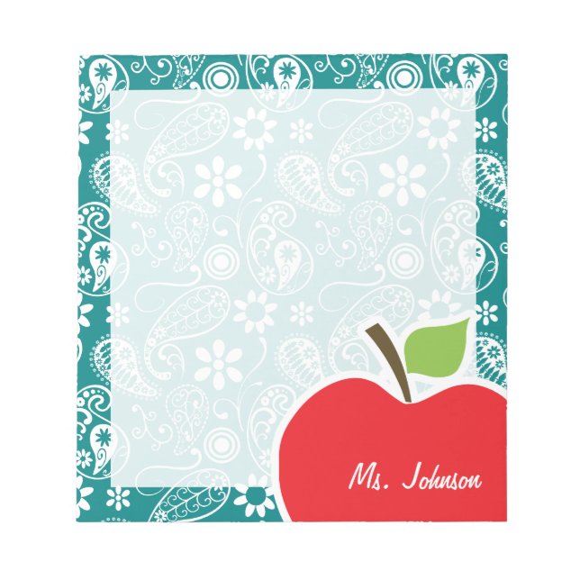 Apple on Dark Cyan Paisley Notepad (Front)
