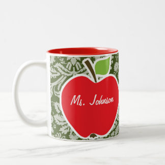 Apple on Dark Moss Green Damask Two-Tone Coffee Mug