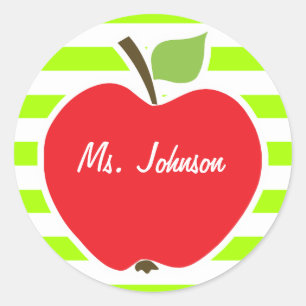 Apple on Electric Lime Green Horizontal Stripes Classic Round Sticker