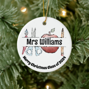 Apple Pencil & Scissors Design – Gift for Teachers Ceramic Ornament
