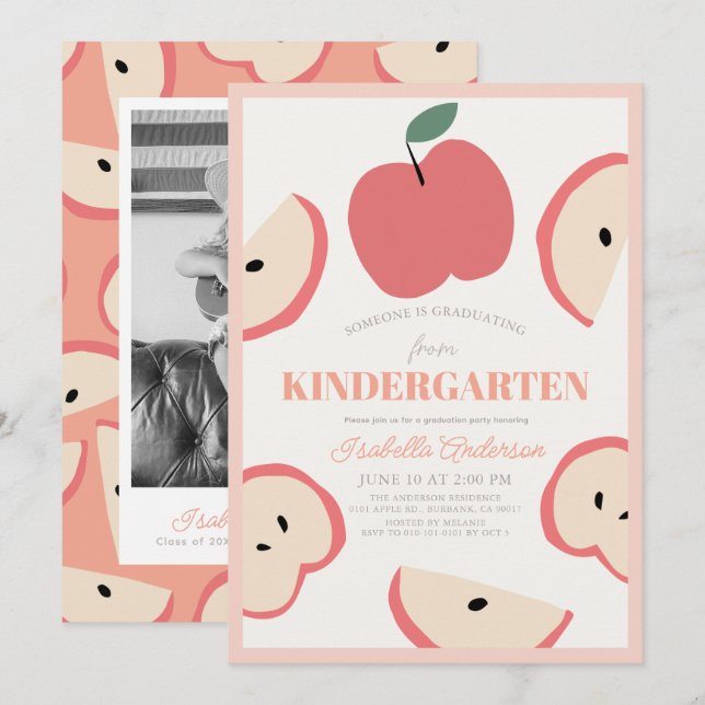 Apple Photo Pink Girl Kindergarten Graduation Invitation (Front/Back)