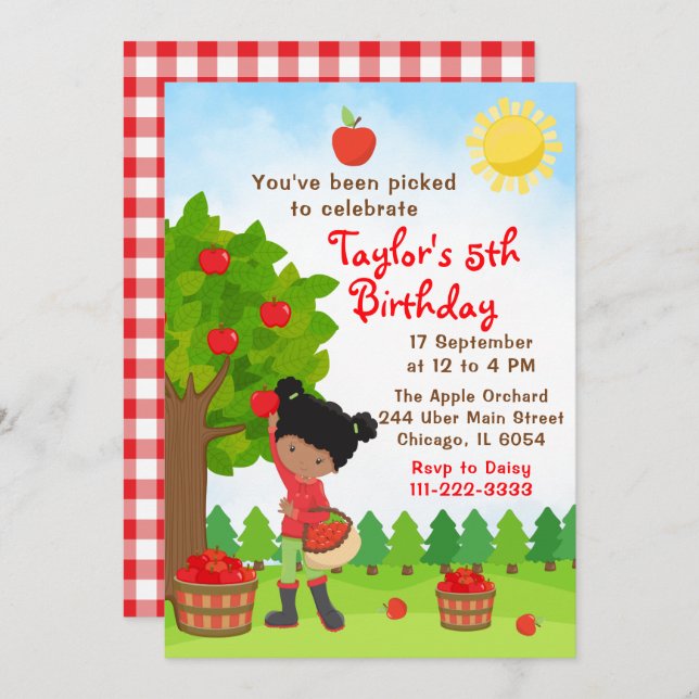 Apple Picking Birthday African American Girl Invit Invitation (Front/Back)
