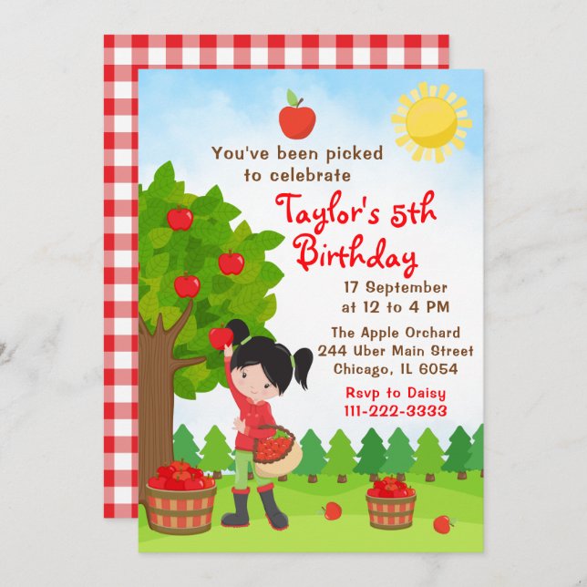 Apple Picking Birthday Black Hair Girl Invitation (Front/Back)