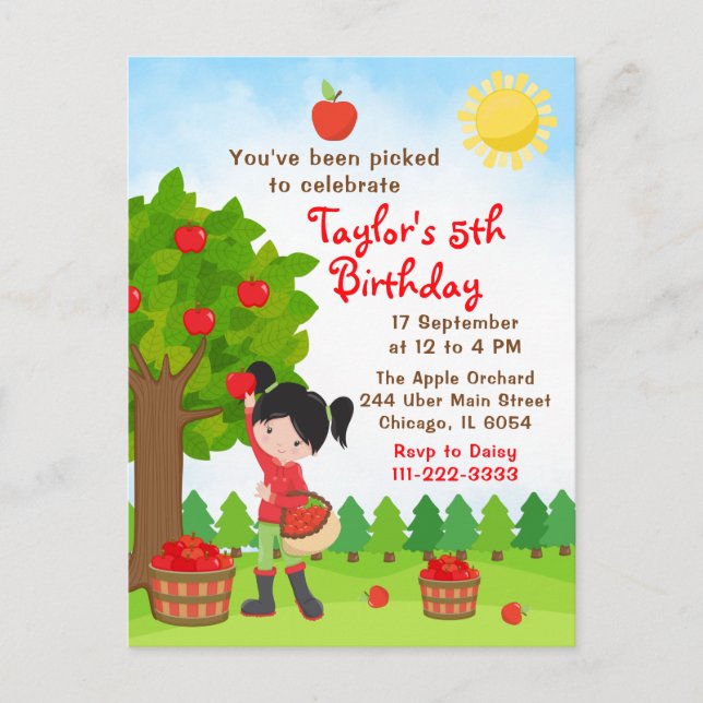 Apple Picking Birthday Black Hair Girl Postcard (Front)