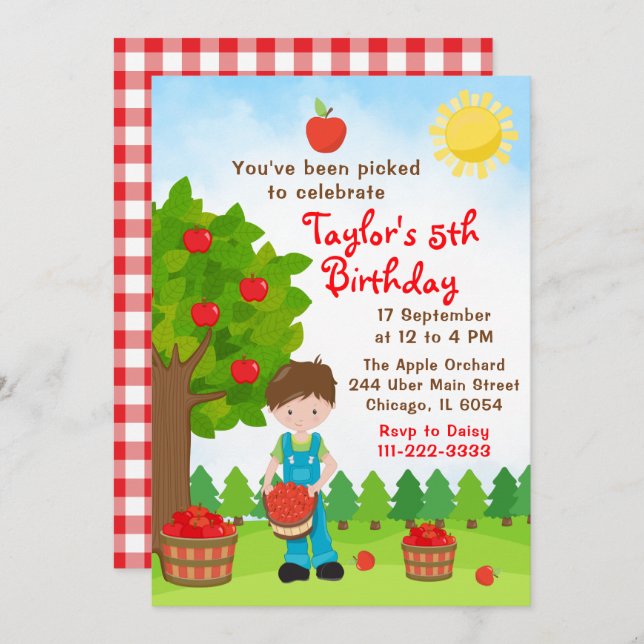 Apple Picking Birthday Brown Hair Boy Invitation (Front/Back)