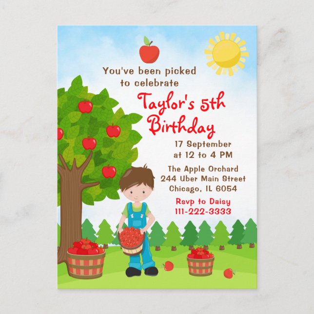 Apple Picking Birthday Brown Hair Boy Postcard (Front)