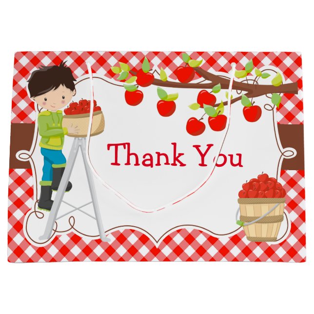 Apple Picking Black Hair Boy Birthday Party Large Gift Bag (Front)