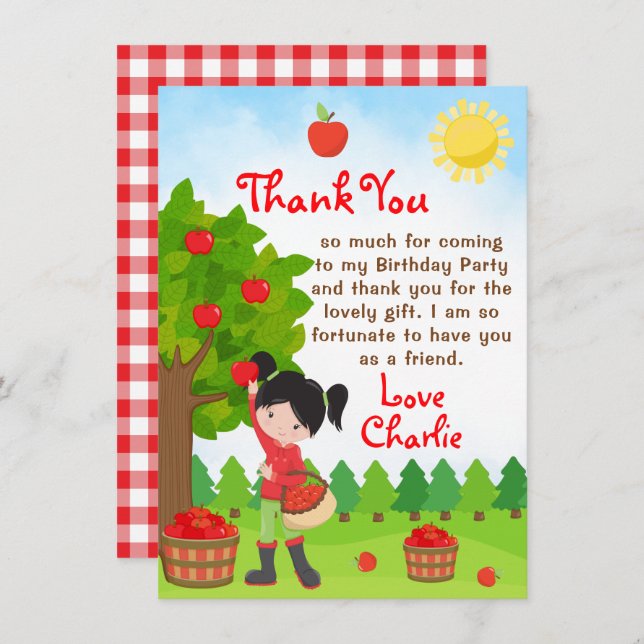 Apple Picking Black Hair Girl Birthday Thank You I Invitation (Front/Back)