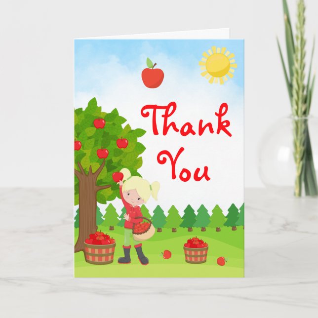 Apple Picking Blonde Hair Girl Birthday Thank You  (Front)