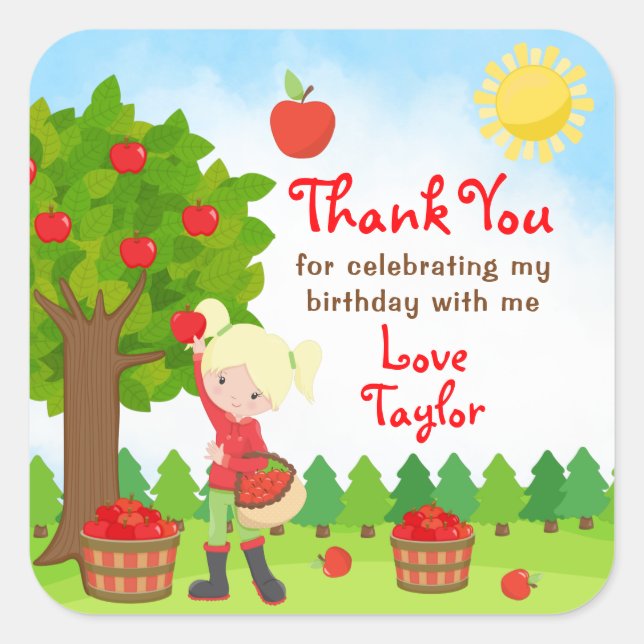 Apple Picking Blonde Hair Girl Birthday Thank You  Square Sticker (Front)