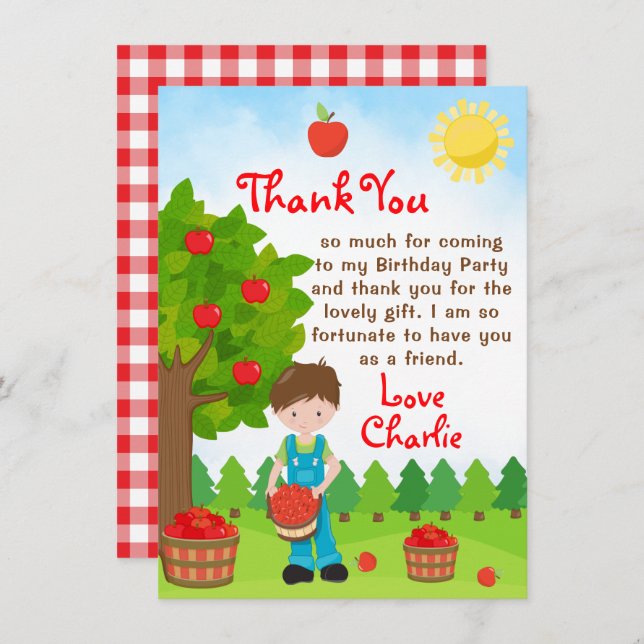 Apple Picking Brown Hair Boy Birthday Thank You In Invitation (Front/Back)