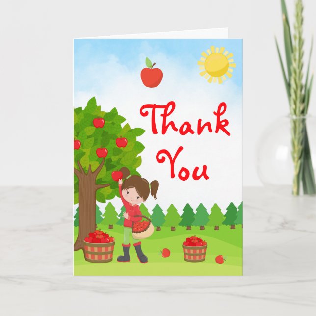 Apple Picking Brown Hair Girl Birthday Thank You C Card (Front)