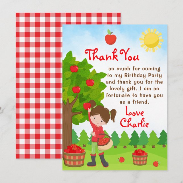 Apple Picking Brown Hair Girl Birthday Thank You I Invitation (Front/Back)