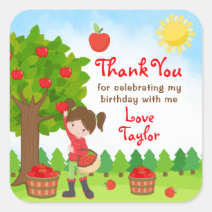 Apple Picking Brown Hair Girl Birthday Thank You S Square Sticker
