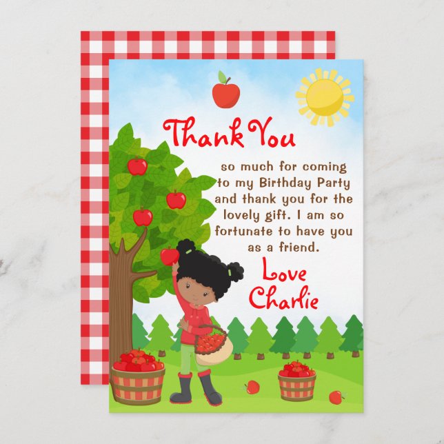 Apple Picking Dark Skin Girl Birthday Thank You In Invitation (Front/Back)