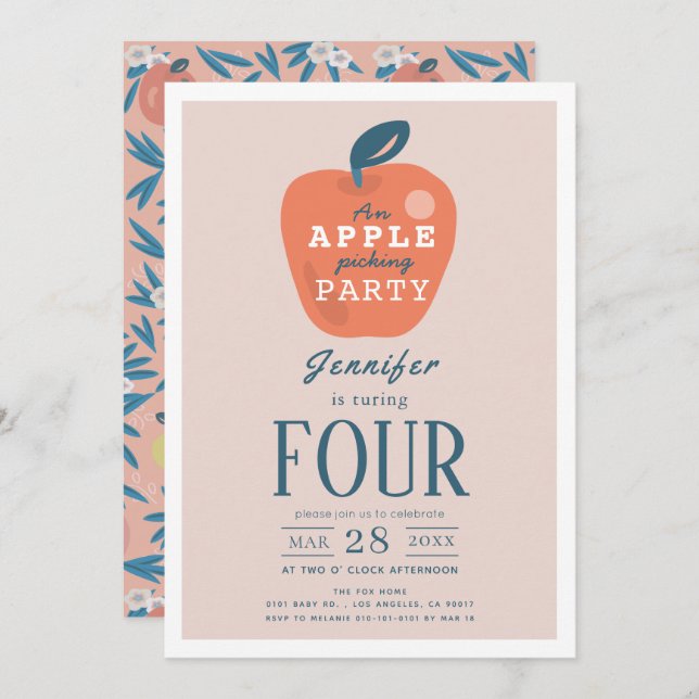Apple Picking Girl Pink Birthday Invitation (Front/Back)