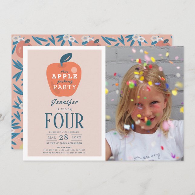 Apple Picking Girl Pink Photo Birthday Invitation (Front/Back)