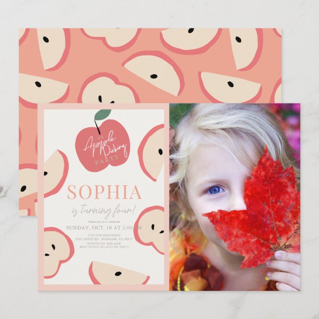 Apple Picking Party Pink Girl Birthday Photo Invitation (Front/Back)
