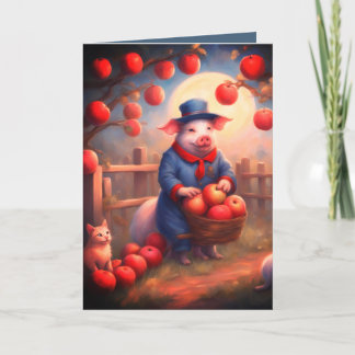 Apple picking Piggy and Kitten Happy Birthday card
