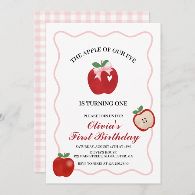Apple Pink Bow preppy Coquette 1st birthday Invitation (Front/Back)