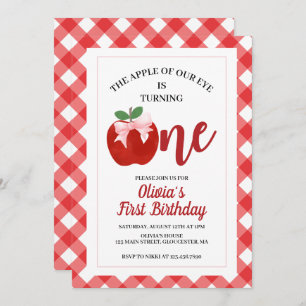 Apple Pink Bow preppy Coquette 1st birthday Invitation