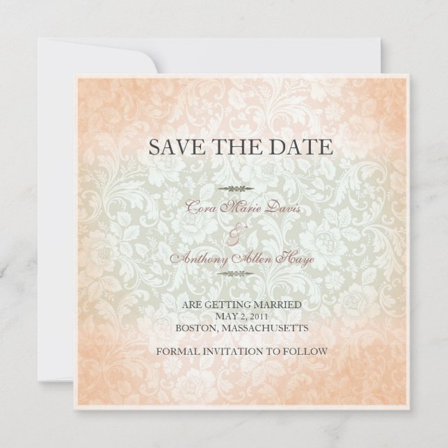 Apple Pink Green victoria damask save the date Invitation (Front)
