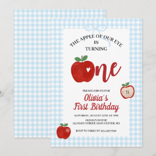 Apple preppy blue gingham Coquette 1st birthday Invitation
