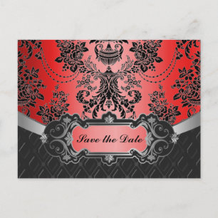 Apple Red & Black Damask Wedding Save the Dates Announcement Postcard