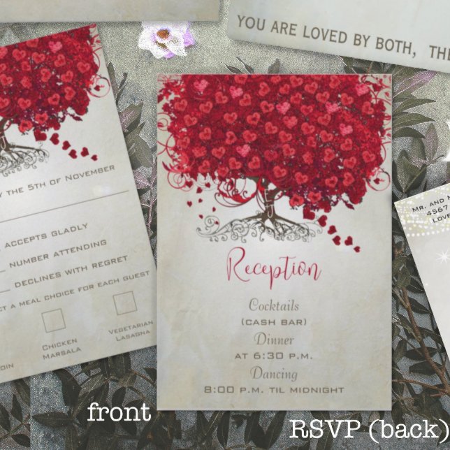 Apple Red Heart Leaf Black Tree Wedding RSVP Card (Creator Uploaded)