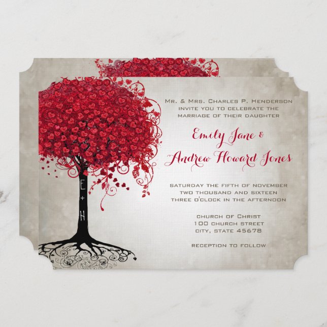 Apple Red Heart Leaf Tree Forest Wedding Invitation (Front/Back)