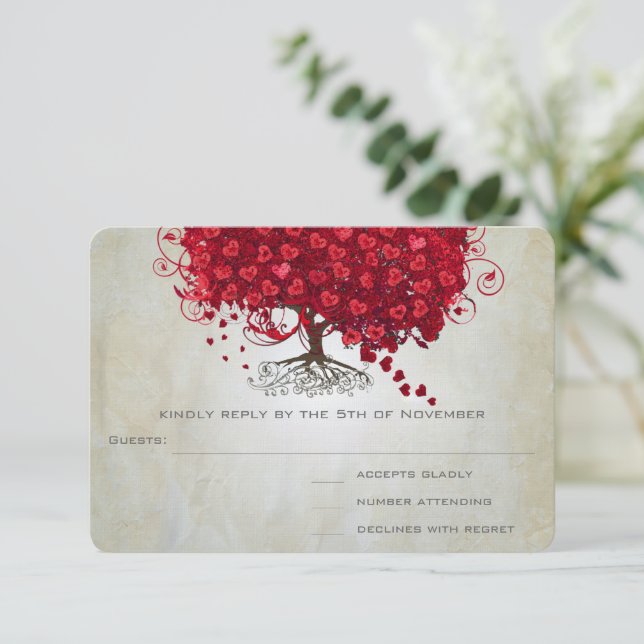 Apple Red Heart Leaf Wedding RSVP (Standing Front)