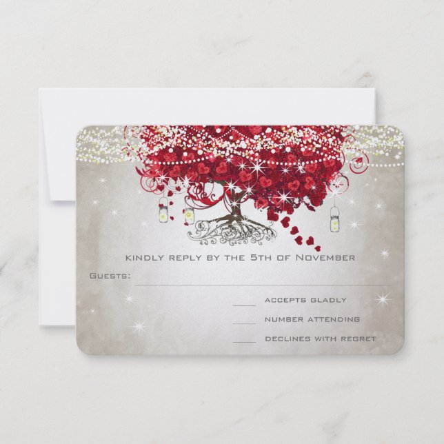 Apple Red Heart Leaf Wedding RSVP Card (Front)