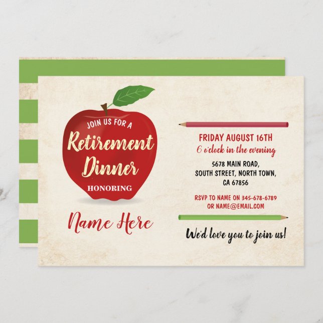 Apple Retirement Rustic Party Red Teacher Cream Invitation (Front/Back)