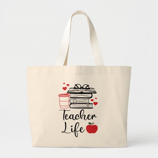 Apple School Book Lover Reading Coffee Teacher Tot Large Tote Bag (Front)