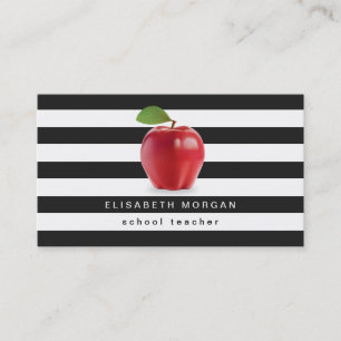 Apple School Teacher - Classic Black White Stripes Business Card