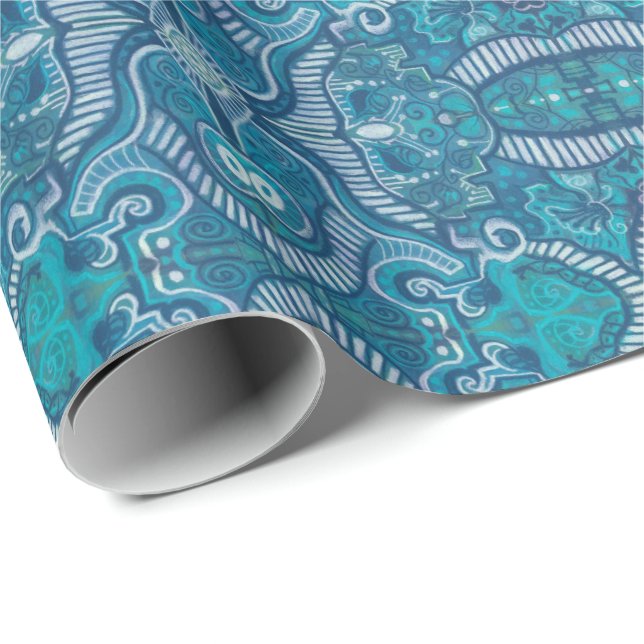 Apple Stripe Bohemian Arabesque Pattern Blue Teal Wrapping Paper (Roll Corner)
