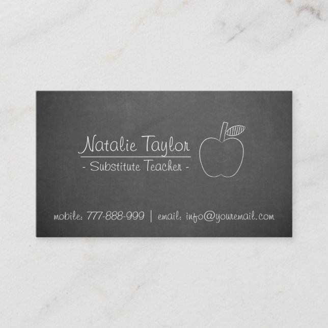Apple Substitute Teacher Tutor Grey Chalkboard Business Card (Front)