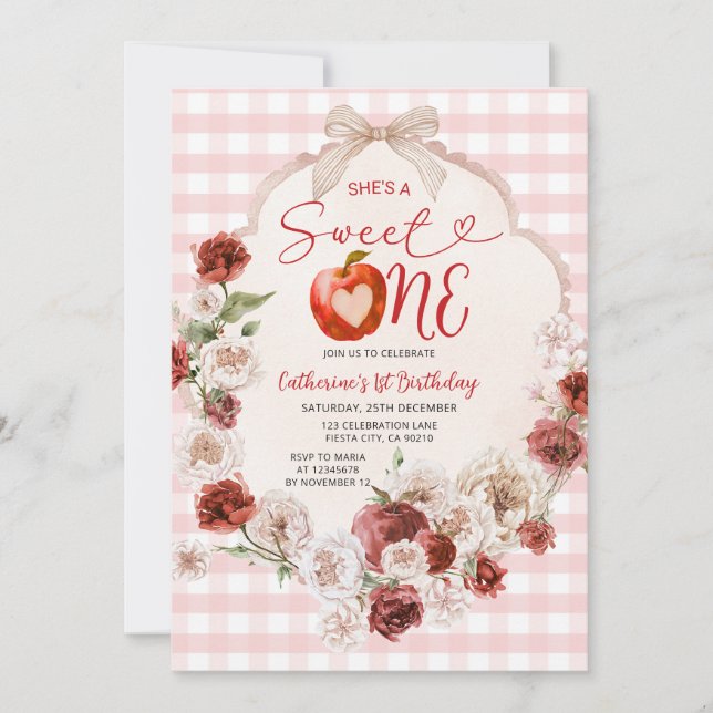 Apple Sweet One Birthday Pink Gingham Fall Floral Invitation (Front)