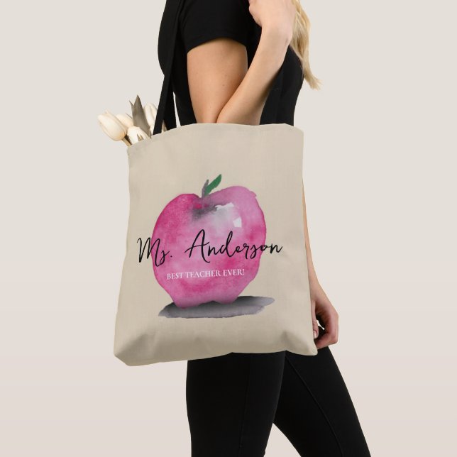 Apple Teacher Name Best Teacher Ever Custom Tote Bag (Close Up)