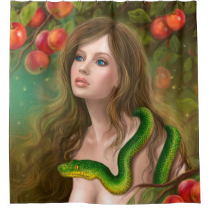 Apple temptation. Beautiful woman Eve and snake. Shower Curtain